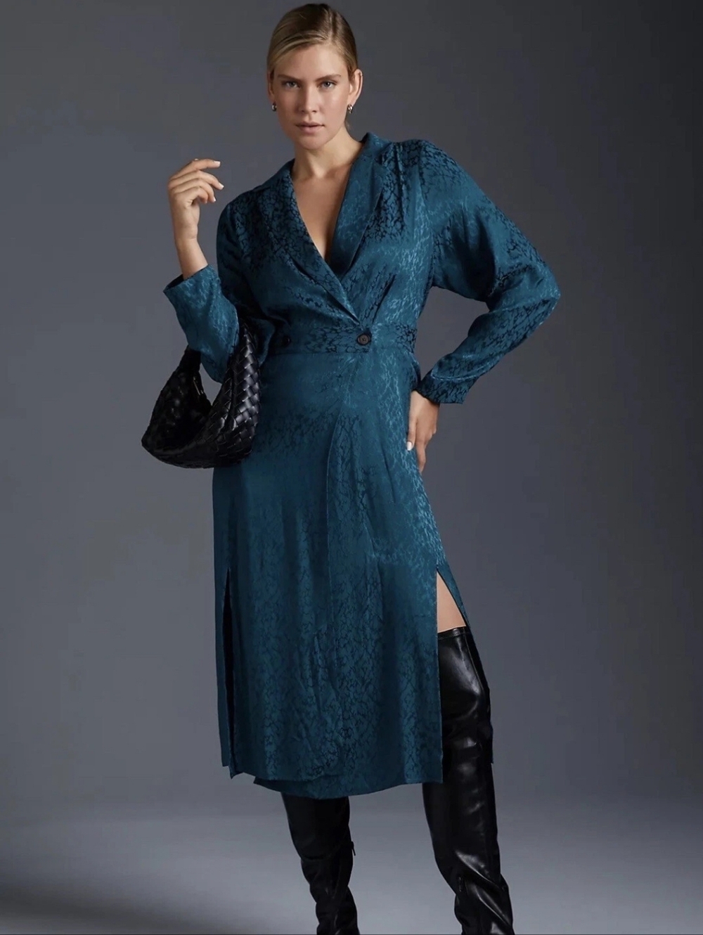NWT By Anthropologie Plus Jacquard Blazer Wrap Dress Dark Teal Blue Midi 20W